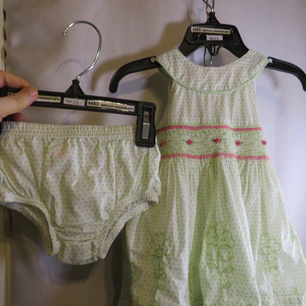 Baby Lt Green Polka Dot Dress w underskirt; smocking 3-6 mts sleeveless